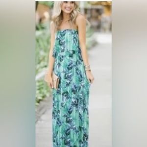Banana Republic Green and Blue Tropical Strapless Maxi Dress